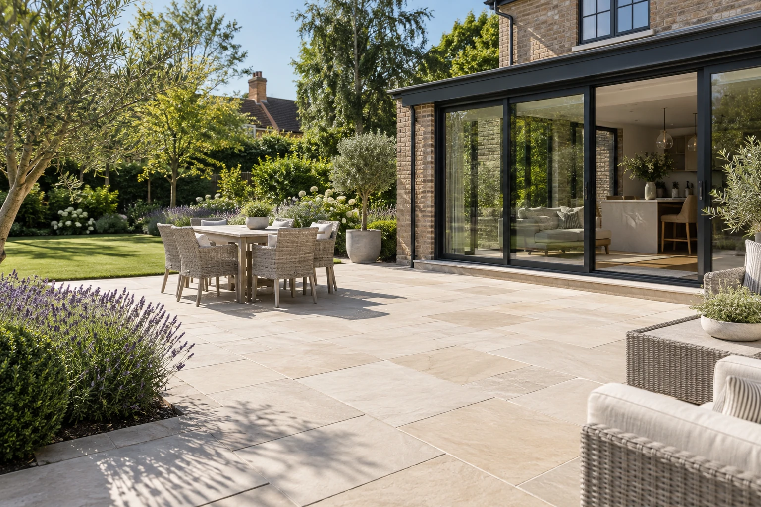 Illustrative garden terrace with freshly cleaned stone paving and a modern home