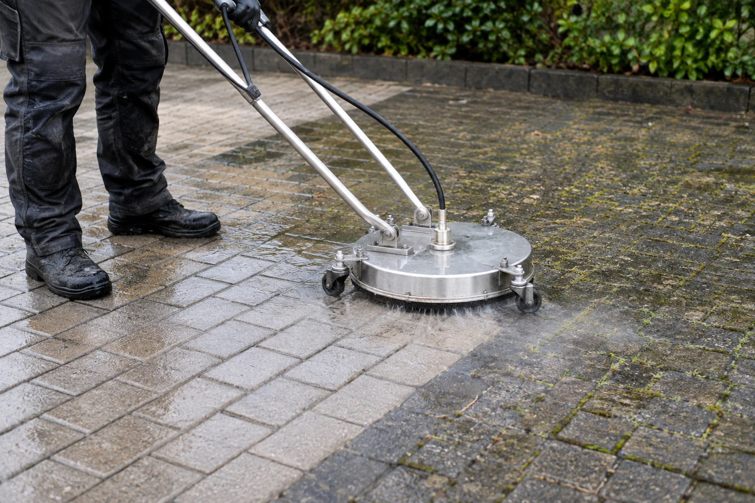 Illustrative professional surface cleaner at work on paving